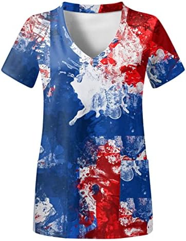 4 -ти јули врвови за жени американско знаме лето кратки ракави против маица со вратот со 2 џебови смешна празнична работна облека