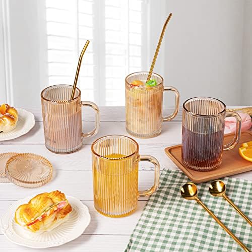 Чаши од чаши за стакло кафе - чаши од килибар од 14 мл со сет на капаци од 4 ребрави гроздобер чаши со слама лажица вертикални ленти