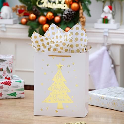 UNIQOOO 12 парчиња Големи Бели &засилувач; Метални Златни Фолија Подарок Кеси, 4 Избрани Божиќ Дрво Снегулка Дизајни, Совршен