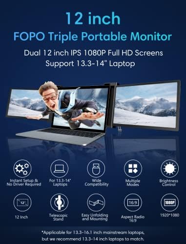 FOPO 12 Троен Лаптоп Екран Екстендер Троен Пренослив Монитор за 13.3 -14 Лаптоп, FHD 1080p IPS Двоен Дисплеј, СО USB-C/HDMI Порта, За Windows/MacOS/Switch-S12