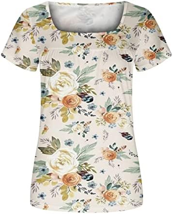 Дами плетени блузи со блузи, лоза на лоза, цветни графички лабави вклопени врвни кратки ракави квадратни врат летни есенски блузи