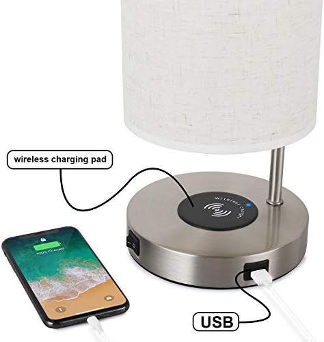 Ламба за маса за безжични полначи, ламба во кревет со USB порта и безжична подлога за полнење, ламба за ноќна ноќ со тркалезна