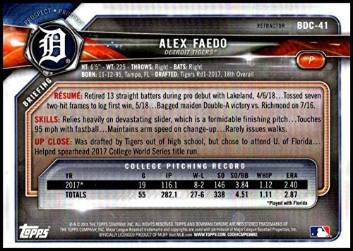 2018 Bowman Draft Chrome Refractors Baseball BDC-41 Alex Faedo Detroit Tigers Официјална картичка за тргување со перспективи на MLB произведена