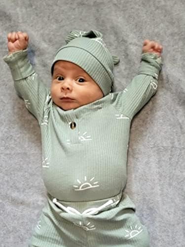 Облека за новороденчиња бебе момче ребрести плетени сонце печати долг ракав ромпер врвови + панталони + капа 3 парчиња облека