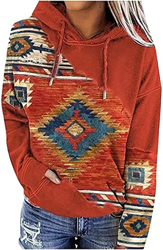 Графички џемпери за женски врвови за жени Ацтеки Гроздобер дуксери за влечење на врвовите на етнички стил со качулка