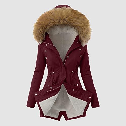 Womenените плус големина зимска палто јака со долги ракави јакна задебелен палто топло качулка дебела подлога надворешна облека