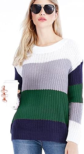 Женски џемпери лента од лента за контрастна тркалезна вратот Раглан со долг ракав плетен џемпер врвен кабел плетен џемпер