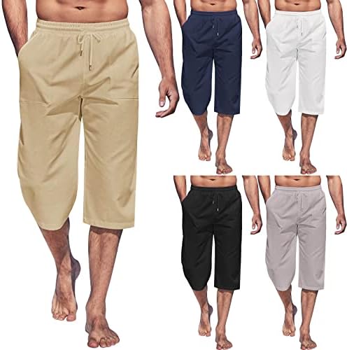 памучни постелнина панталони за мажи, панталони со капри хареми, влечење еластична половината, спортски панталони, јога пантолони со џебови