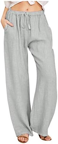 Smidow летни панталони за жени 2023 памучна постелнина Еластична половината за влечење Широк нозе на глуждот Должина на дневникот со џебови