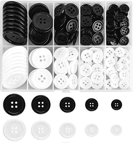 Копчиња Lyper 158PCS црно бело тркалезно копче за копчиња со копче Широк раб 4 дупки за шиење занаетчиски копчиња со кутија за складирање, користете за декорација на беле