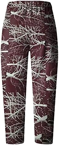 Печатени панталони со памучни постелнини Ubst, лабава широка нога еластична панталона од половината дами обични панталони со џеб