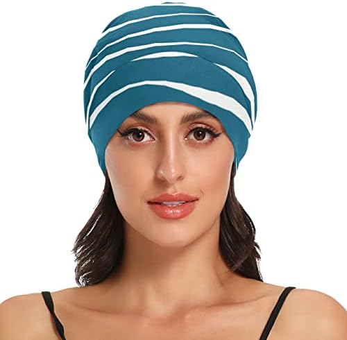 Womenените мода на череп капа за череп капа за капакот на косата, апстрактна сина бранова шема еластична глава за глава ноќ спиење работна