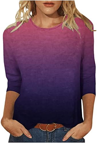 Женски лето 3/4 градиент на ракав врвови на првенствени маички за вратот на екипажот Основни маички маички лабави удобни пулвер блузи 2023