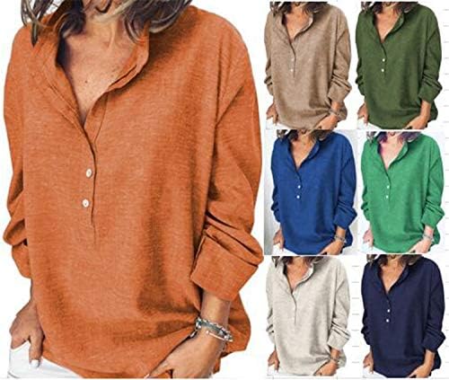 Andongnywell женски блуза блуза врвови лабава кошули со цврста боја на вратот со долга кошула со долги ракави