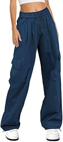 Hvepuo женски обични еластични панталони за влечење на половината со џебови со џебови со џебови