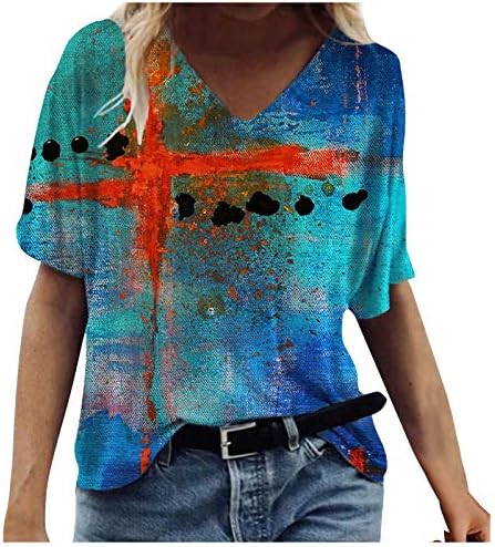 Летни врвови за жени против маички со вратот со кратки ракави маички лабави вклопуваат обичен печатење преголема маица за маици