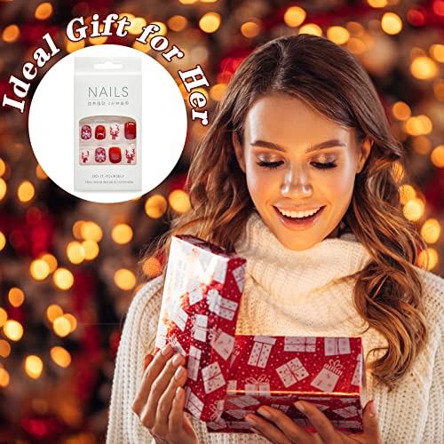 Божиќен Печат На Ноктите Кратко: Симпатична Елен Снегулка Црвени Лажни Нокти Целосна покривка Акрилни Лажни Нокти Со Дизајни Божиќни
