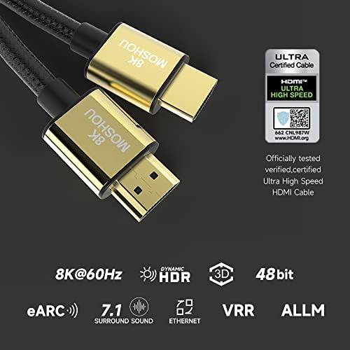 HDMI кабел 2.1 4K@120Hz Сертификација 48Gbps 12 стапки/4m, Ultra со голема брзина 8K HDMI кабел Најлон злато-позлатен интерфејс поддржува 4K@120Hz,