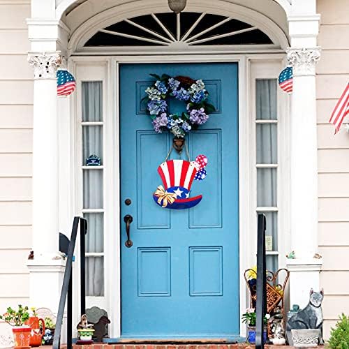 4 -ти јули САД виси дрвена врата знак чичко Сем патриотски капа Decorид декор, висијќи го венецот знак добредојде знак совршен за Денот