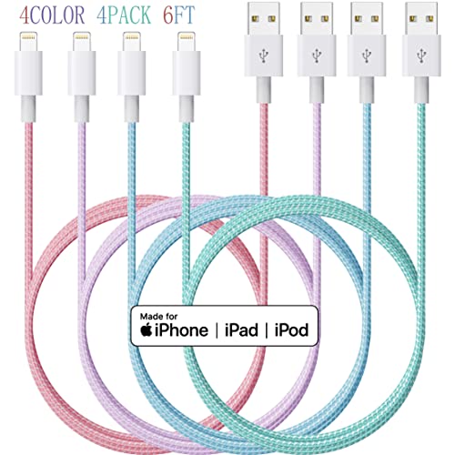 [4-пакет 6ft], 4Колован молња кабел, полнач за iPhone најлонски кабел за плетенка, Apple MFI овластен за полнач на Apple, iPhone 13/12/11/SE/XS/XS