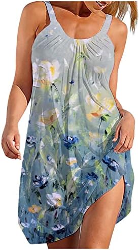 Летните фустани на jielayou за жени плажа бохо цветни печатени печати преголема плус големина на екипажот без ракави фустан за одмор