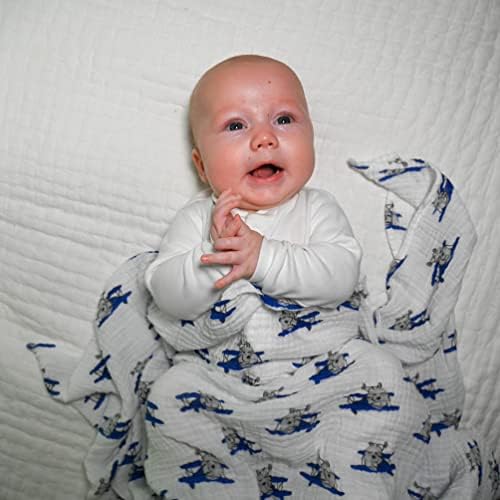 LOLLYBANKS MUSLIN SWADDLE CLABLE за бебе момче | Камиони, авиони и возови | памук | Нови родени и новороденчиња | Големи 47 x 47 инчи