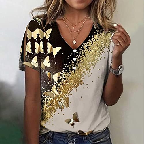 Копче за летни маици со кратки ракави за жени V вратот летни врвови лабава удобна тунична блуза симпатична шарена цветна матична печатена