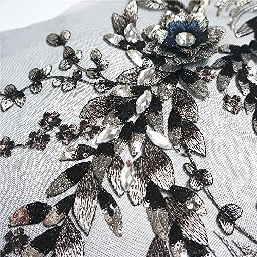 Ореота црна ткаенина 3Д цвеќиња мониста секвенци од ринестон аплики везени чипка за чипка решетки за шиење на лепенка за венчаница DIY