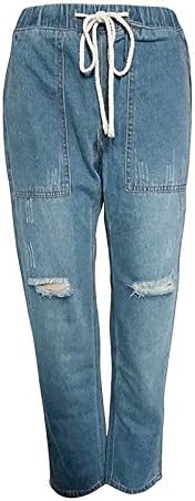 Плетени харем панталони со низок половината, панталони од панталони, цврсти панталони фармерки, дупка за глуждот, плус големина