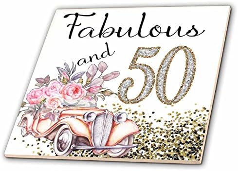 3dRose Прекрасен и 50 Во Сликата На Злато Со Цветни Гроздобер Лимузина-Плочки