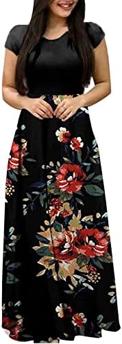 Летни макси фустани за жени 2023 година, женски моден обичен печатење на кружни врат со кратки ракави со голема големина долги фустани