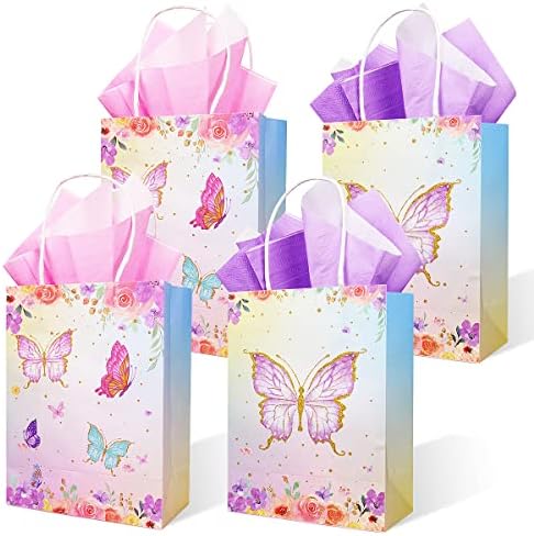 16 ПАРЧИЊА Торба За Подароци За Забави Со Пеперутки Фаворизира Кеси Со Ткивна Хартија Добрите Хартиени Кеси Розови И Виолетови Цвеќиња