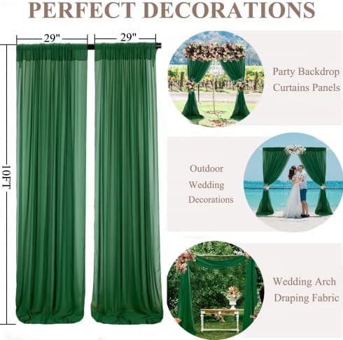 Fuhsy смарагд зелени завеси 2 панели чиста завеса за позадината 29x120 инчи долги чиста завеса за спална соба шифон задни зелени драперии за свадба