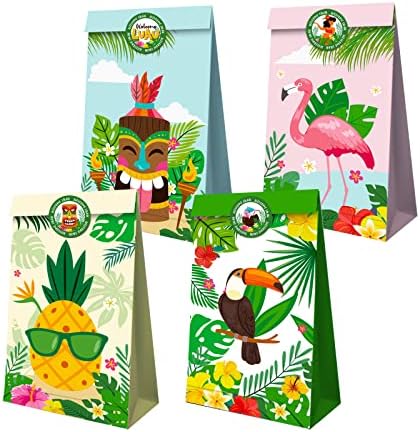Pratyus 12 компјутери Хавајски забави торби со подароци со налепници, хавајски алоха бонбони третира торби за деца роденденска забава декорација