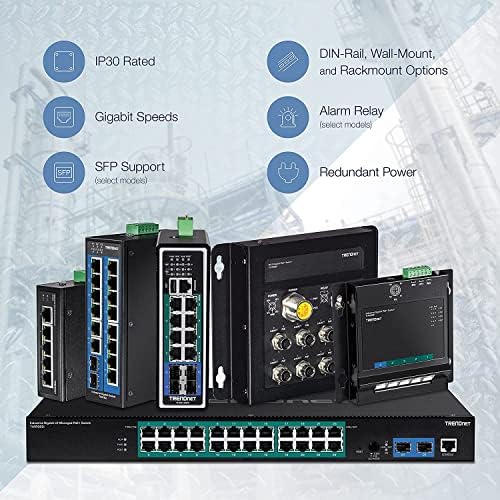 Trendnet 6-порт зацврстен индустриски гигабит POE+ Din-Rail Switch, Black, Ti-PG62 & SFP мулти-режим LC модул, до 550m, мини-GBIC, топол приклучок,