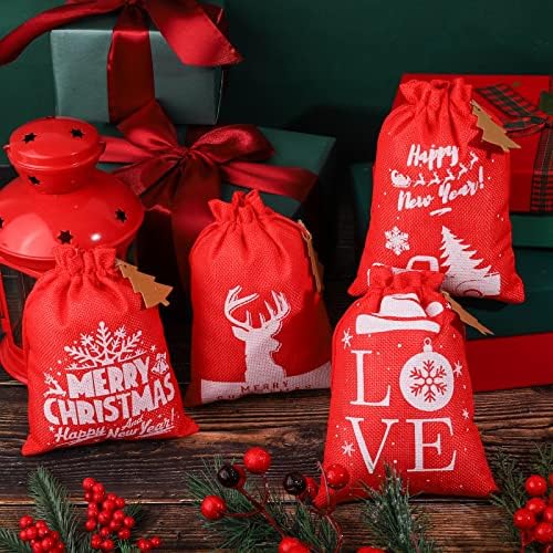 МИМИНД 24 Спакувајте Божиќни Ленени Кеси со Врвки за Влечење 7 х 5 Инчни Торби За Подароци За Бура Божиќни Чанти За Подароци Со Подароци