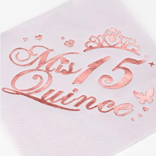 Mis Quince 15 Quinceanera украси, 15 -ти роденденски украси за девојчиња за забава за коктел салфетки, 5 x 5 преклопени, 50 пакувања.