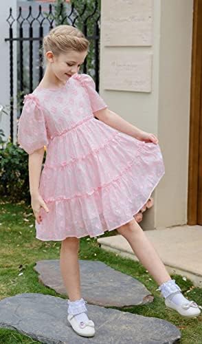 Насмеани розови девојки принцеза забава фустан, издвоен цветен ракав ракав Руфл бебе, а-линија органза фустан лак
