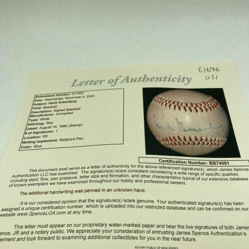 Хенк Гринберг сингл потпишал автограмиран бејзбол со JSA COA - автограмирани бејзбол