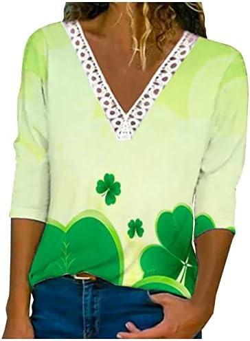 Маица на Денот на Свети Патрикс, женска чипка V-врат со долга ракав маица Симпатична ирска блуза со шамари