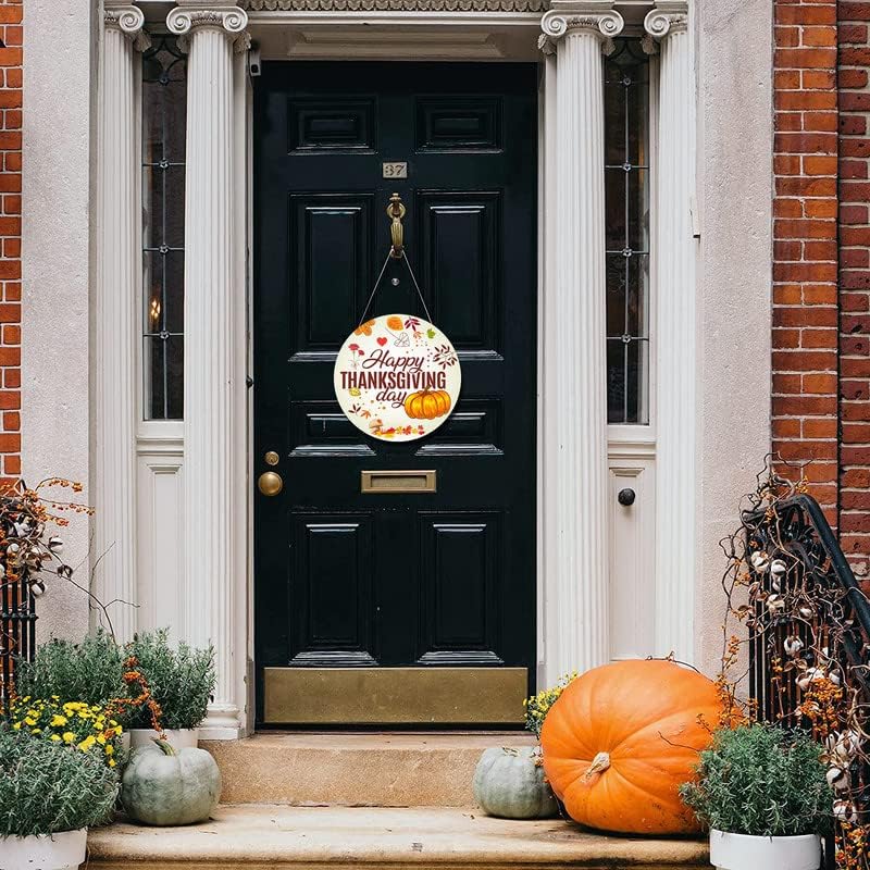 Круг среќни знаци на Денот на благодарноста, декор на вратите, знак за одмор, тикви, есенски лисја гроздобер стил тркалезна знак