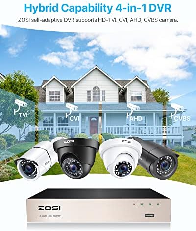 Zosi H.265+ 5MP 8 Hybrid Channel 4-In-1 HD TVI CCTV DVR со 4PCS 2MP водоотпорен куршум за надзор на надзор, рекордер од 8CH 5MP-LITE