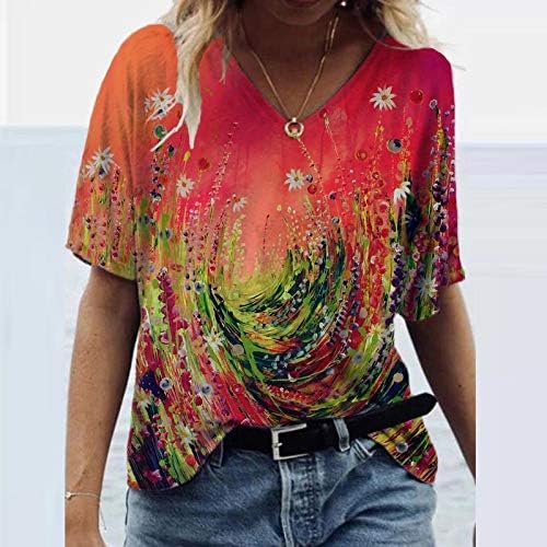 Женски цветни кошули мода плус големина V-вратот со средна должина маички лабави дневни обични врвови маица пуловер