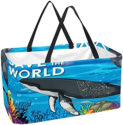 Чанти за купувачи од 50L Зачувајте го светот Огромен кит склопувачки шопинг кутија за намирници торба со рачки, еднократно