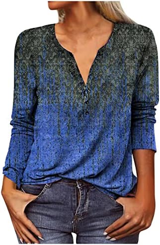 Nokmopo женски обични врвови на ново копче за вратот моден печати со долг ракав маица тенок врвни врвови основни плетени маици