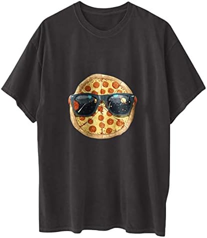 Смешно сирење пица графичка маичка, женски преголеми кратки ракави капка рамо на рамото лето лето -обичен екипаж модна блуза
