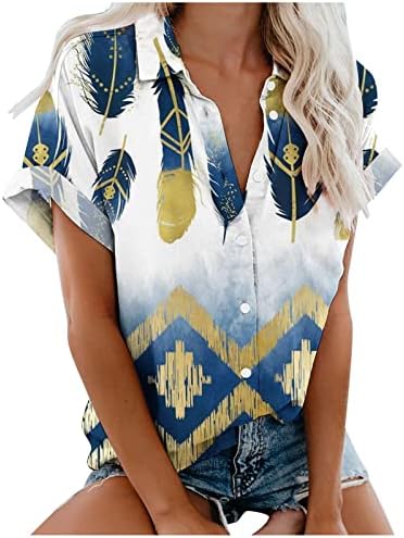 Хавајски кошули за жени лето копче надолу со кошула Краток ракав против вратот со врвови на врвови на цветна фустана обична блуза