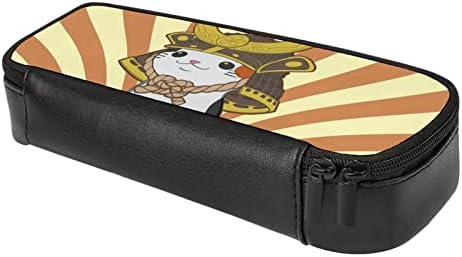 Јапонска мачка со бобтаил носи самурајски молив кутија ПУ кожа со молив со молив со молив со голем капацитет, кутија за молив,