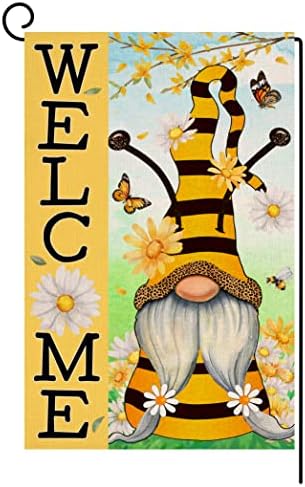 Пролетно лето Гном Градинарско знаме 12x18 Вертикално двострано добредојдено добредојде Дејзи, цветни пчели Пеперутка фарма куќа одмор надвор