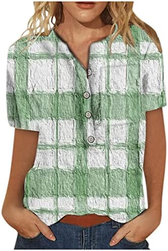 Womenените карирани врвови со кратки ракави летни обични маици трендовски печатени маички кошула деколте дами Хенли блузи
